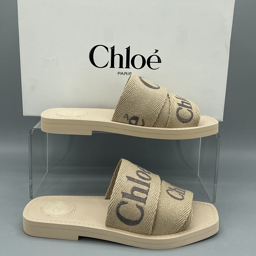 NEW Chloé Women’s Woody Logo Slide Sandals Beige Size US 5/EU 35